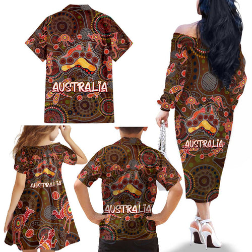 Animal Australia Aboriginal Art Family Matching Off The Shoulder Long Sleeve Dress and Hawaiian Shirt