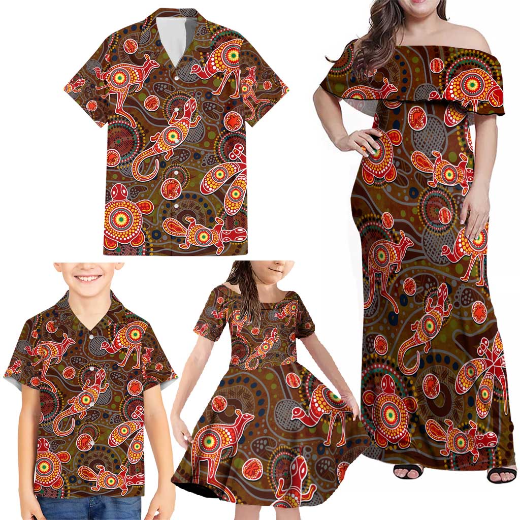 Animal Australia Aboriginal Art Family Matching Off Shoulder Maxi Dress and Hawaiian Shirt