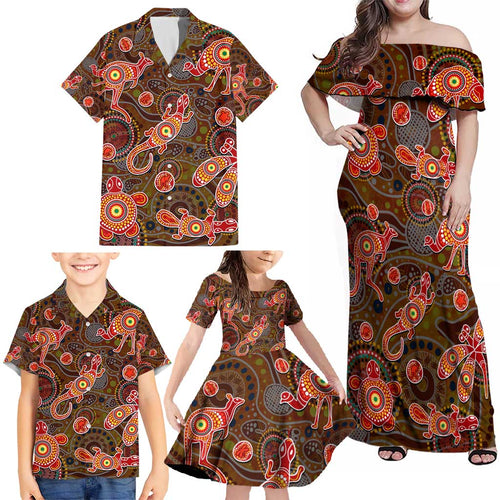 Animal Australia Aboriginal Art Family Matching Off Shoulder Maxi Dress and Hawaiian Shirt