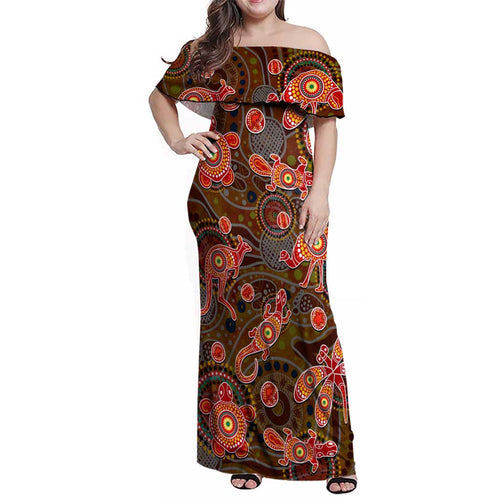 Animal Australia Aboriginal Art Family Matching Off Shoulder Maxi Dress and Hawaiian Shirt