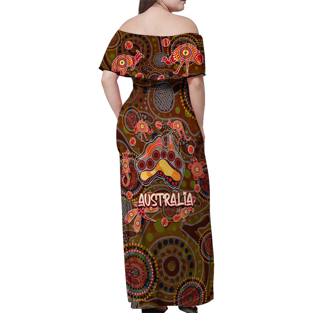 Animal Australia Aboriginal Art Family Matching Off Shoulder Maxi Dress and Hawaiian Shirt