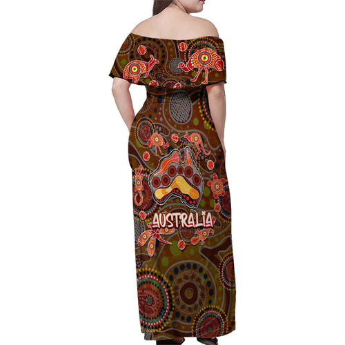 Animal Australia Aboriginal Art Family Matching Off Shoulder Maxi Dress and Hawaiian Shirt