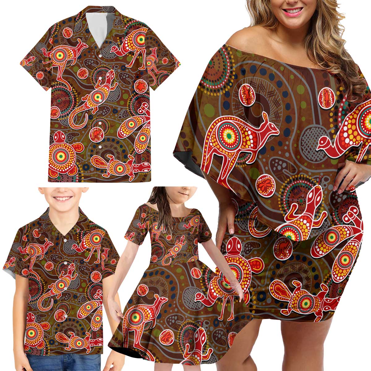 Animal Australia Aboriginal Art Family Matching Off Shoulder Short Dress and Hawaiian Shirt