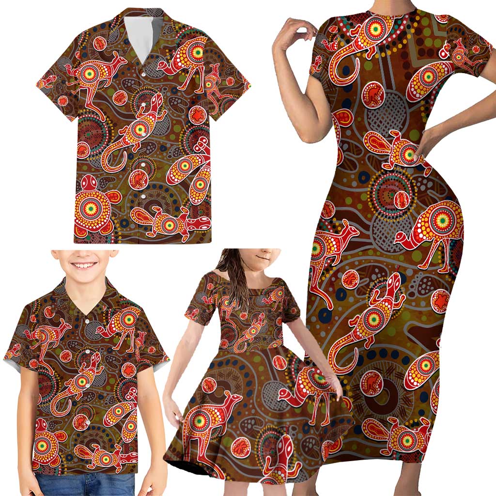 Animal Australia Aboriginal Art Family Matching Short Sleeve Bodycon Dress and Hawaiian Shirt