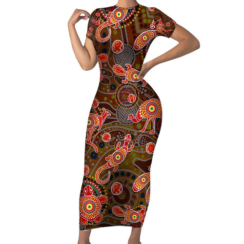 Animal Australia Aboriginal Art Family Matching Short Sleeve Bodycon Dress and Hawaiian Shirt