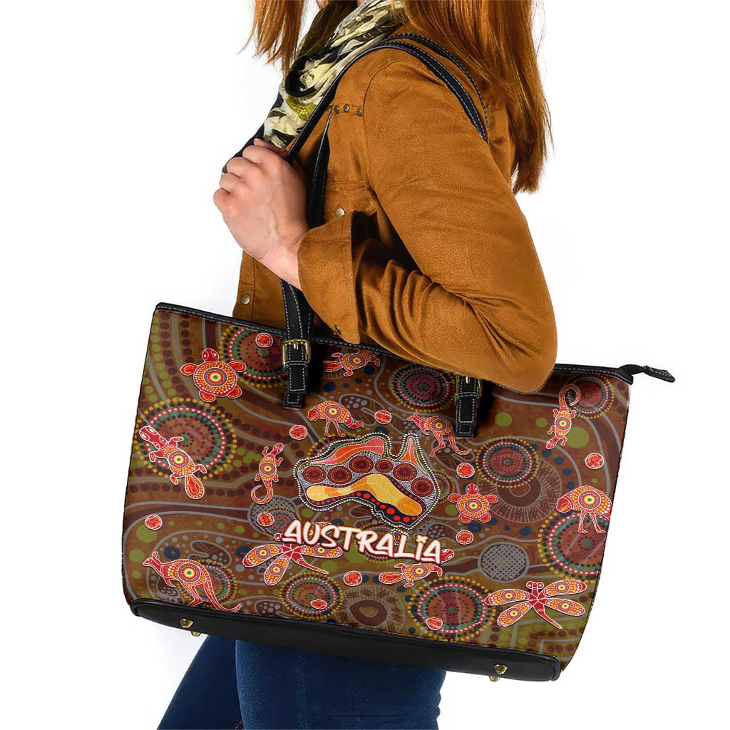 Animal Australia Aboriginal Art Leather Tote Bag