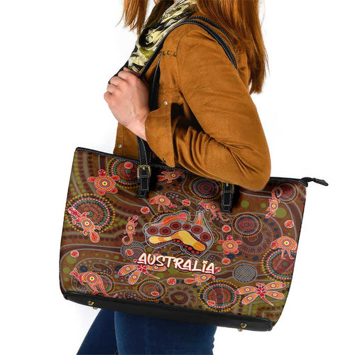 Animal Australia Aboriginal Art Leather Tote Bag