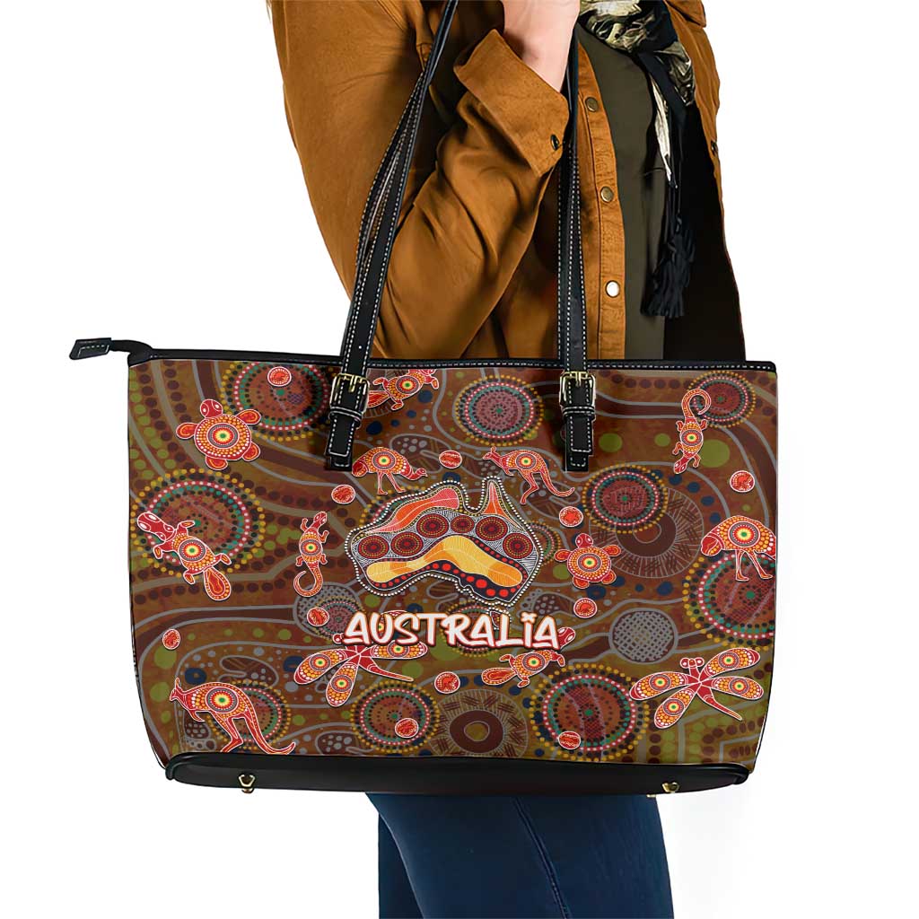 Animal Australia Aboriginal Art Leather Tote Bag