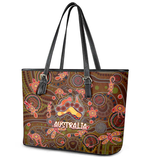 Animal Australia Aboriginal Art Leather Tote Bag
