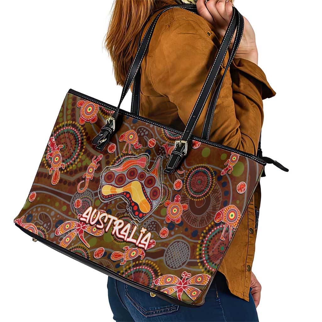Animal Australia Aboriginal Art Leather Tote Bag