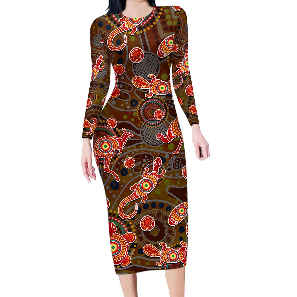 Animal Australia Aboriginal Art Long Sleeve Bodycon Dress
