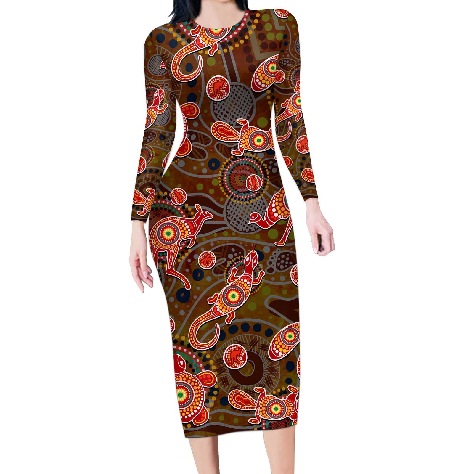 Animal Australia Aboriginal Art Long Sleeve Bodycon Dress