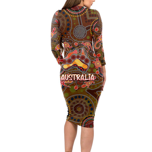 Animal Australia Aboriginal Art Long Sleeve Bodycon Dress