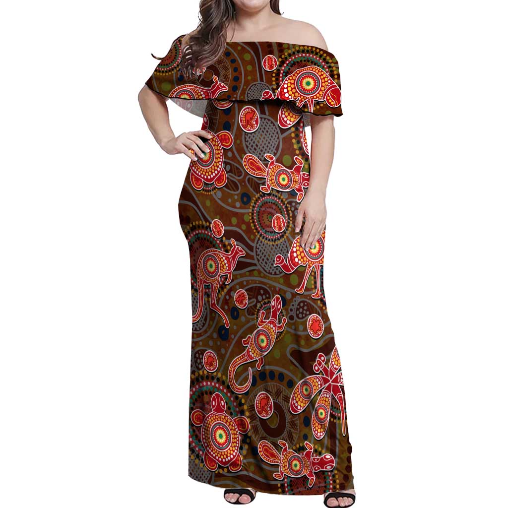 Animal Australia Aboriginal Art Off Shoulder Maxi Dress