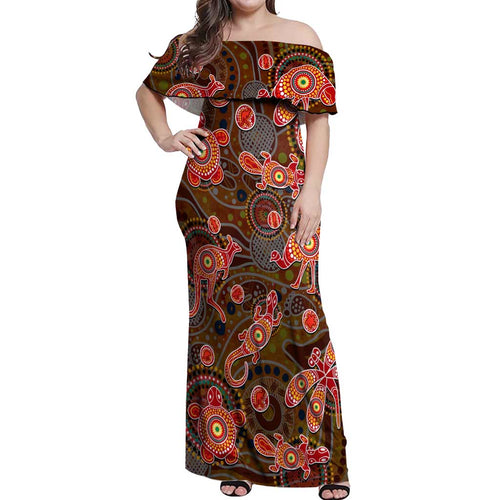 Animal Australia Aboriginal Art Off Shoulder Maxi Dress