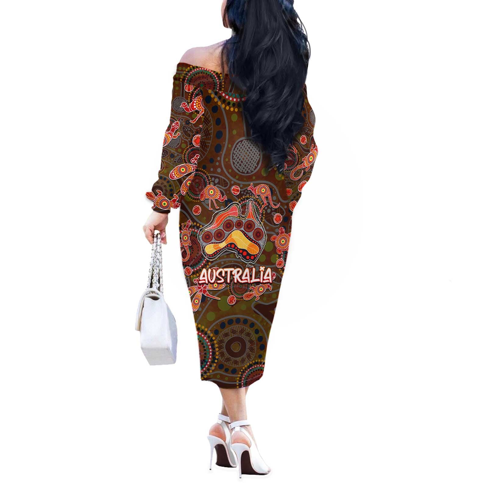 Animal Australia Aboriginal Art Off The Shoulder Long Sleeve Dress