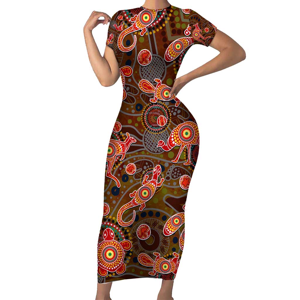 Animal Australia Aboriginal Art Short Sleeve Bodycon Dress