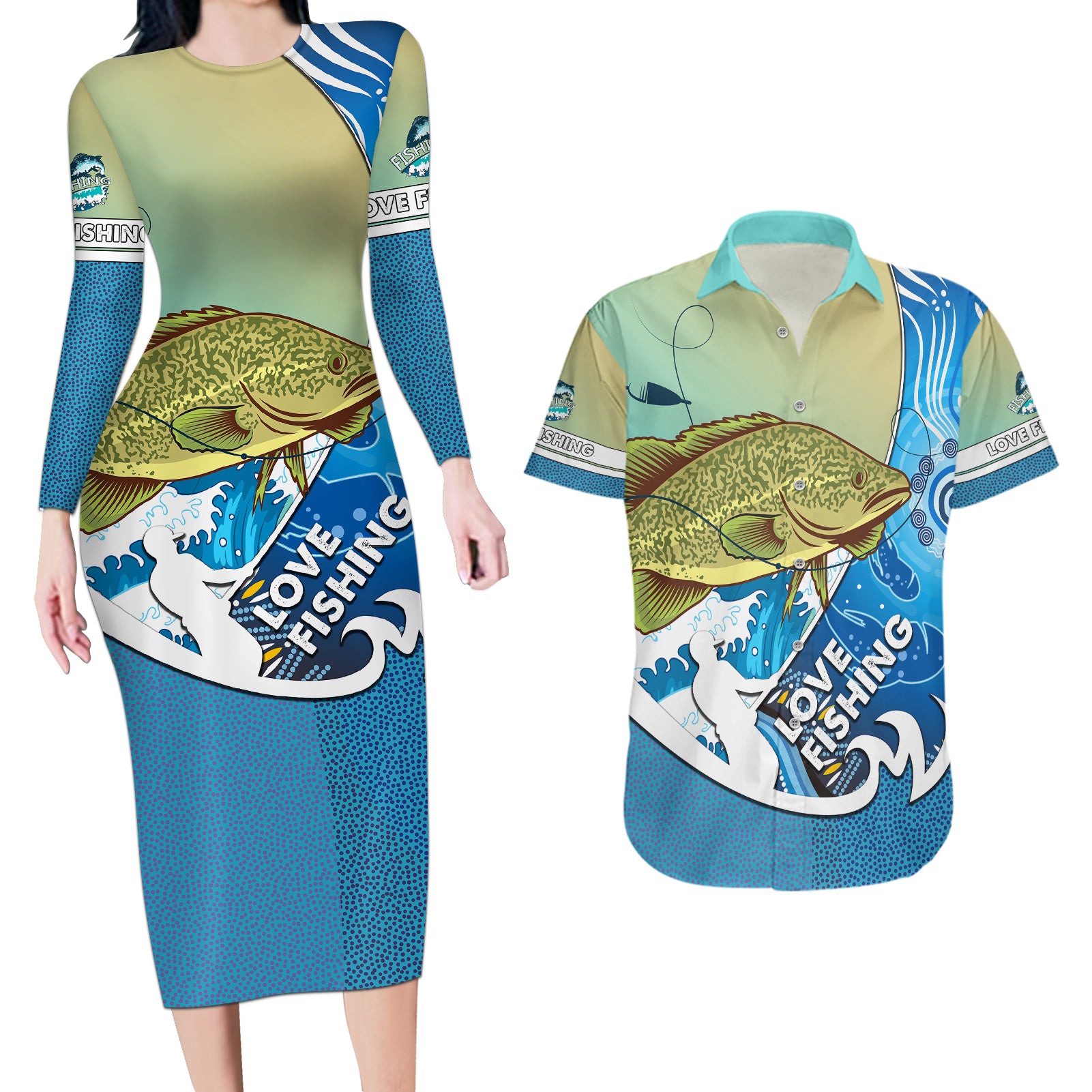 australia-fishing-couples-matching-long-sleeve-bodycon-dress-and-hawaiian-shirt-love-fishing-murray-cod-in-aboriginal-art-patterns