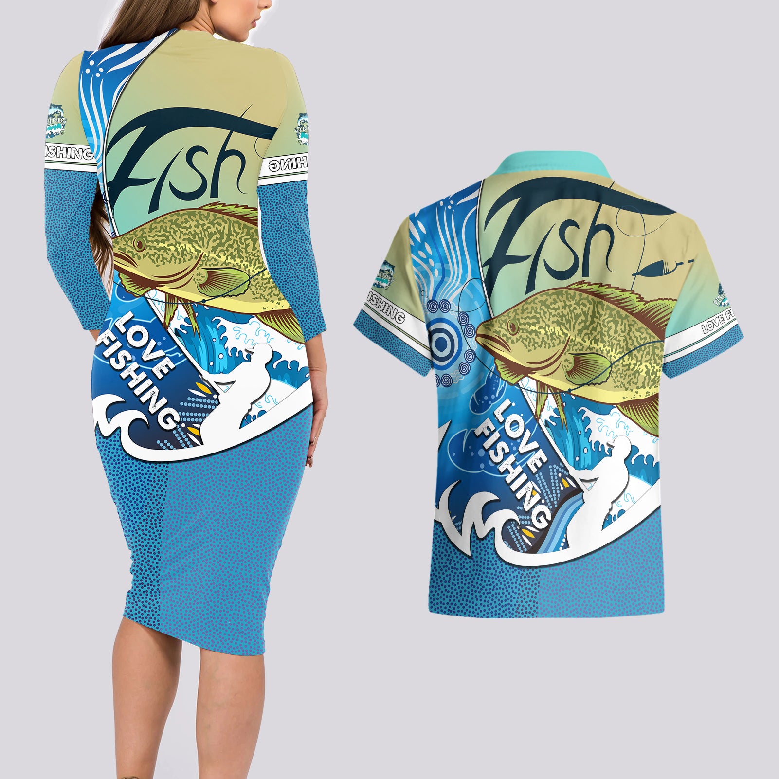 australia-fishing-couples-matching-long-sleeve-bodycon-dress-and-hawaiian-shirt-love-fishing-murray-cod-in-aboriginal-art-patterns