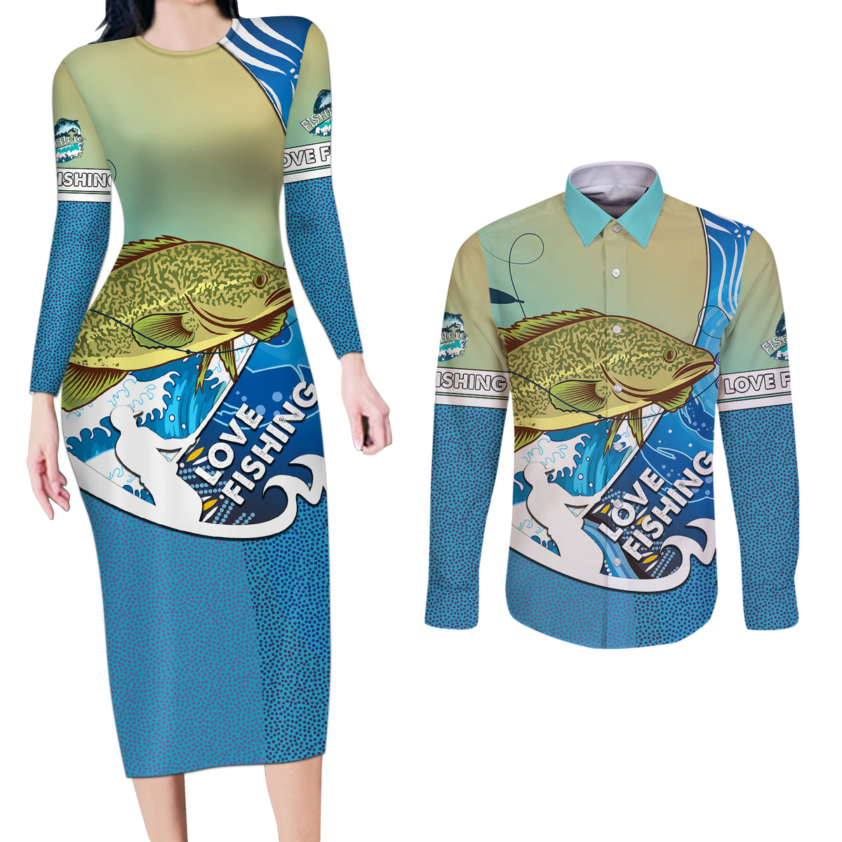 australia-fishing-couples-matching-long-sleeve-bodycon-dress-and-long-sleeve-button-shirts-love-fishing-murray-cod-in-aboriginal-art-patterns