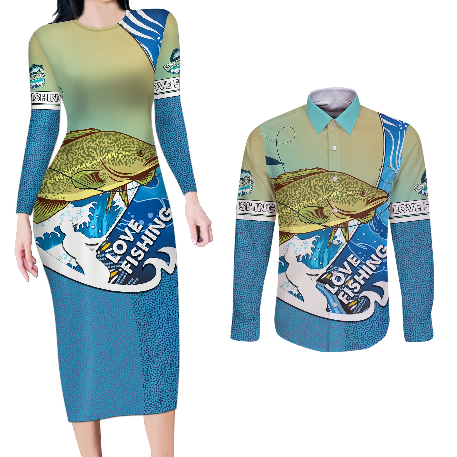 australia-fishing-couples-matching-long-sleeve-bodycon-dress-and-long-sleeve-button-shirts-love-fishing-murray-cod-in-aboriginal-art-patterns