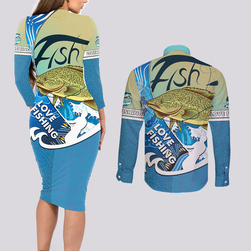 australia-fishing-couples-matching-long-sleeve-bodycon-dress-and-long-sleeve-button-shirts-love-fishing-murray-cod-in-aboriginal-art-patterns