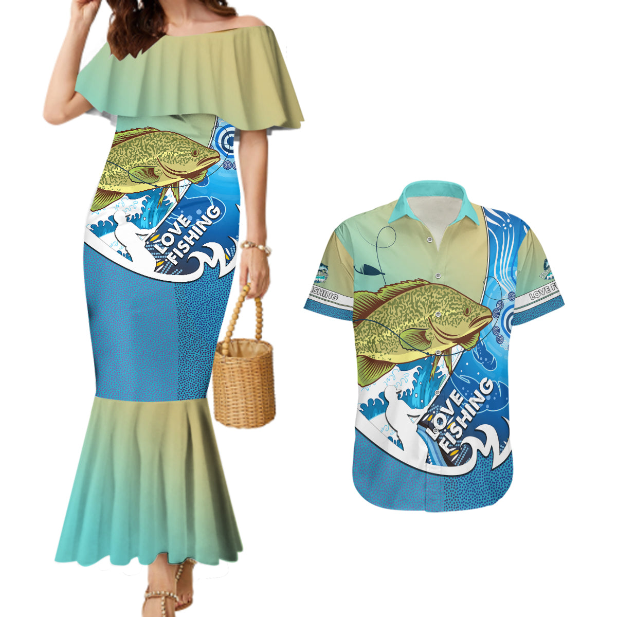 australia-fishing-couples-matching-mermaid-dress-and-hawaiian-shirt-love-fishing-murray-cod-in-aboriginal-art-patterns