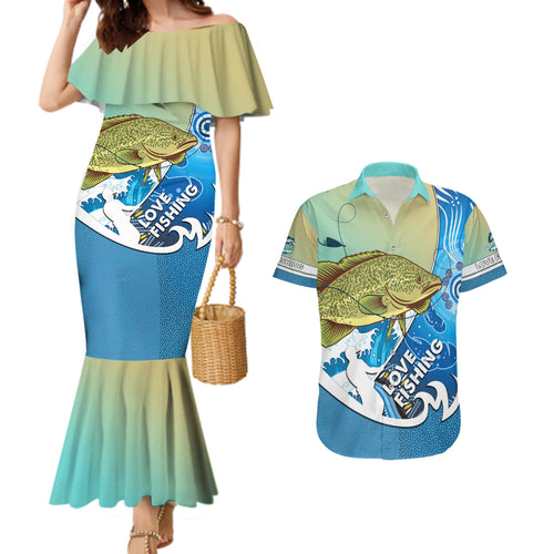 australia-fishing-couples-matching-mermaid-dress-and-hawaiian-shirt-love-fishing-murray-cod-in-aboriginal-art-patterns