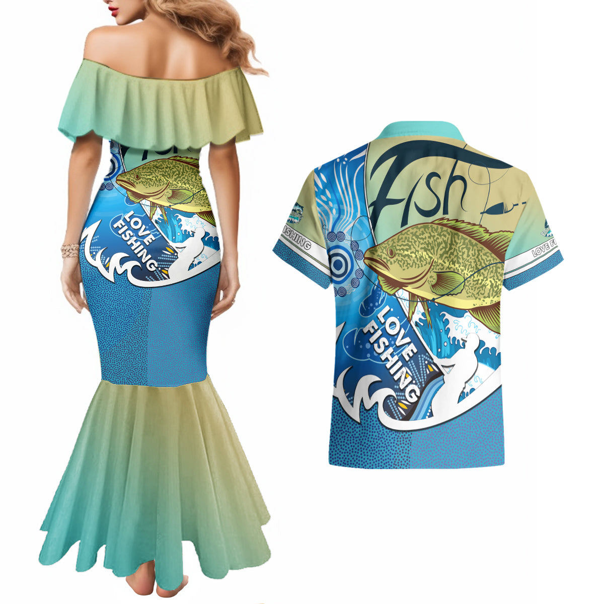 australia-fishing-couples-matching-mermaid-dress-and-hawaiian-shirt-love-fishing-murray-cod-in-aboriginal-art-patterns