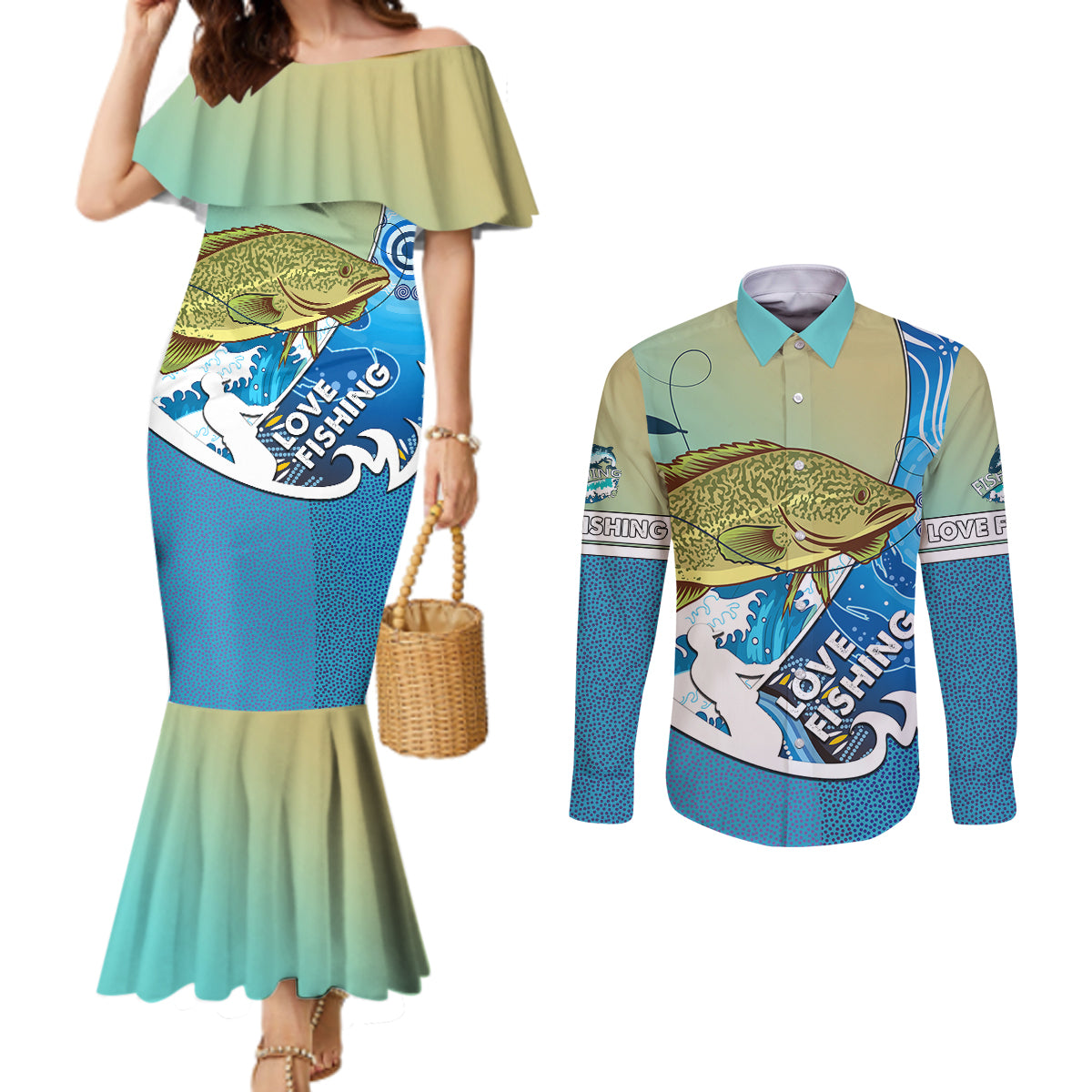 australia-fishing-couples-matching-mermaid-dress-and-long-sleeve-button-shirts-love-fishing-murray-cod-in-aboriginal-art-patterns