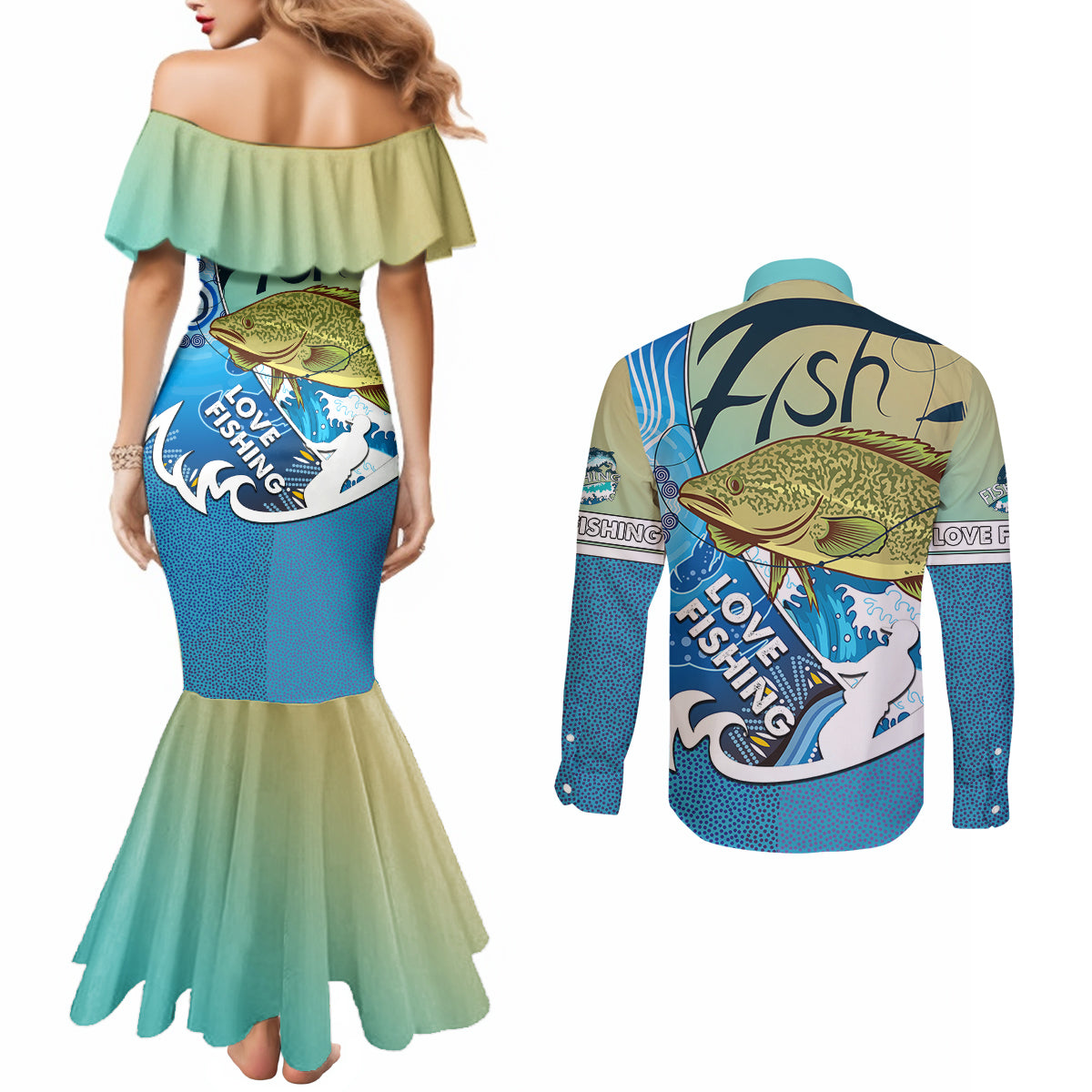 australia-fishing-couples-matching-mermaid-dress-and-long-sleeve-button-shirts-love-fishing-murray-cod-in-aboriginal-art-patterns