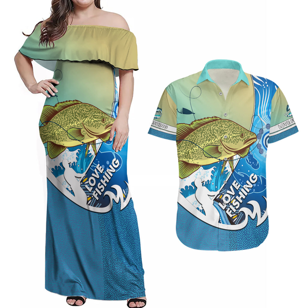 australia-fishing-couples-matching-off-shoulder-maxi-dress-and-hawaiian-shirt-love-fishing-murray-cod-in-aboriginal-art-patterns
