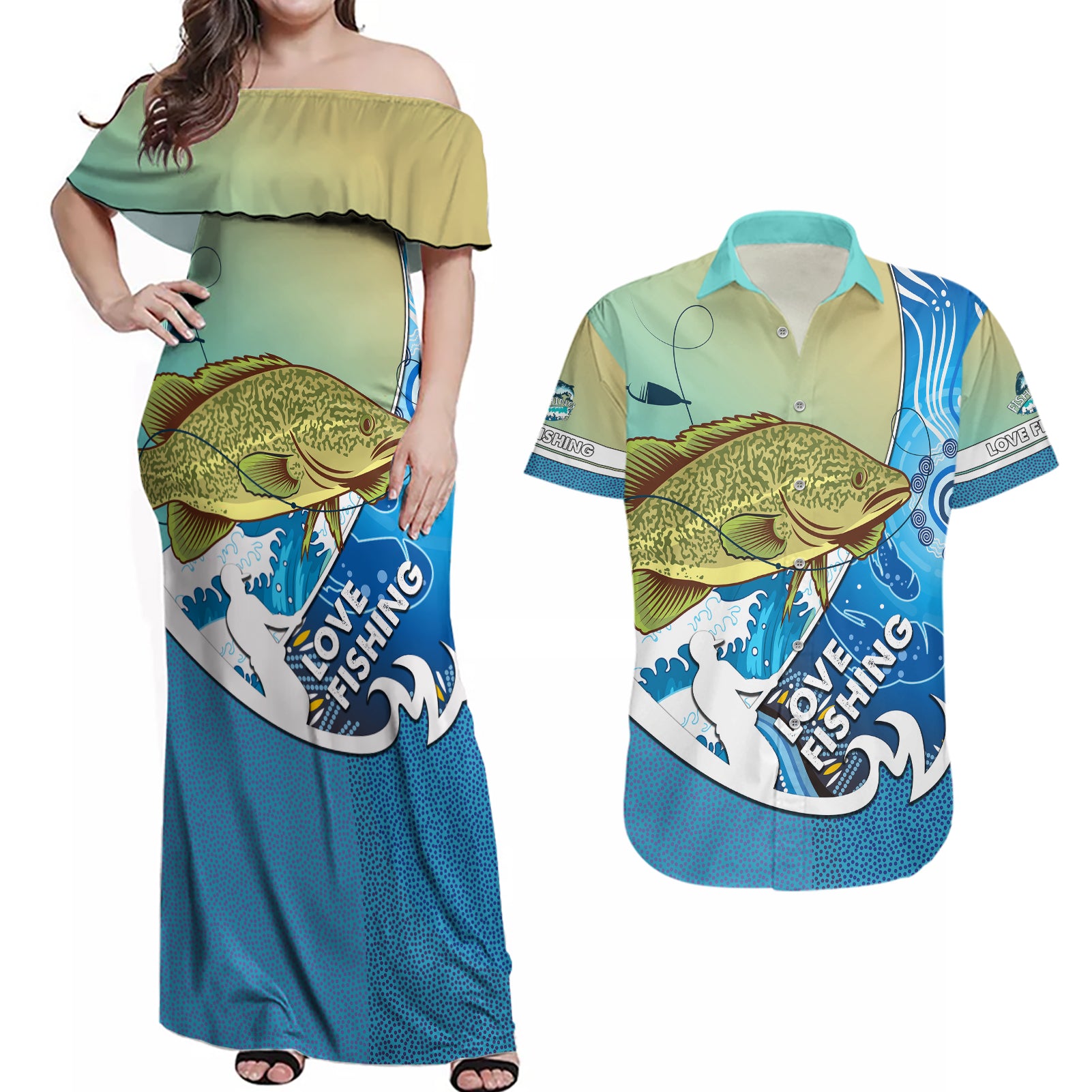 australia-fishing-couples-matching-off-shoulder-maxi-dress-and-hawaiian-shirt-love-fishing-murray-cod-in-aboriginal-art-patterns