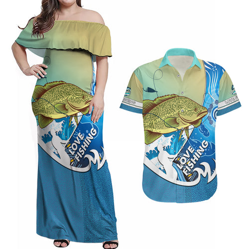 australia-fishing-couples-matching-off-shoulder-maxi-dress-and-hawaiian-shirt-love-fishing-murray-cod-in-aboriginal-art-patterns