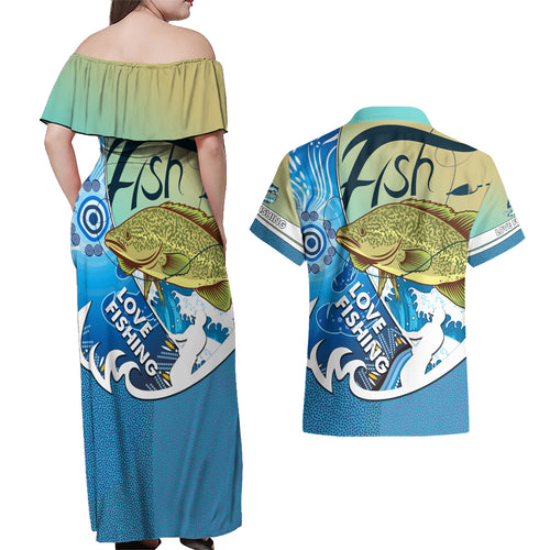 australia-fishing-couples-matching-off-shoulder-maxi-dress-and-hawaiian-shirt-love-fishing-murray-cod-in-aboriginal-art-patterns