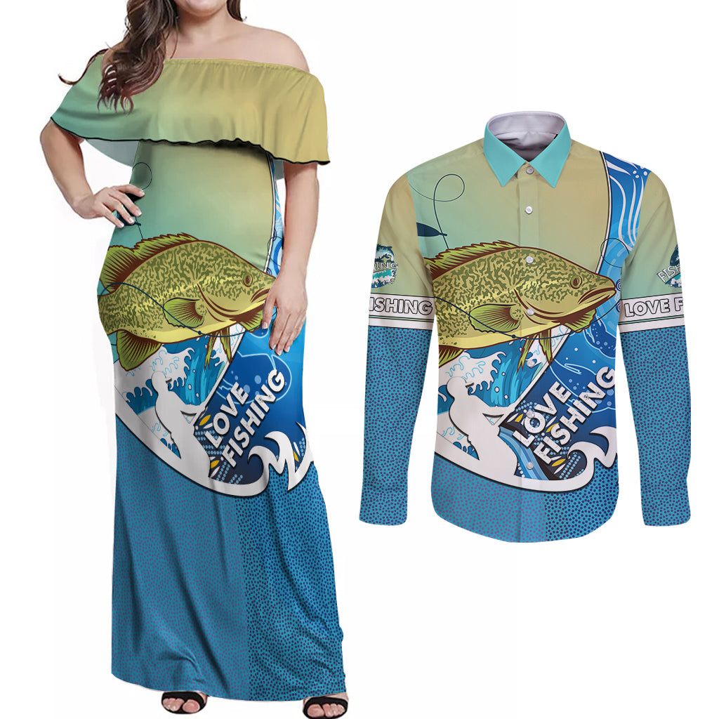 australia-fishing-couples-matching-off-shoulder-maxi-dress-and-long-sleeve-button-shirts-love-fishing-murray-cod-in-aboriginal-art-patterns
