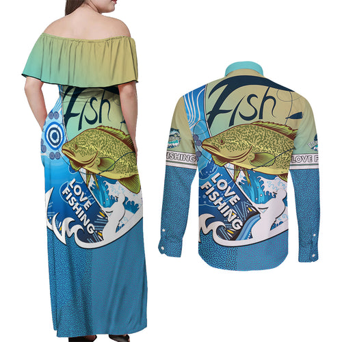 australia-fishing-couples-matching-off-shoulder-maxi-dress-and-long-sleeve-button-shirts-love-fishing-murray-cod-in-aboriginal-art-patterns
