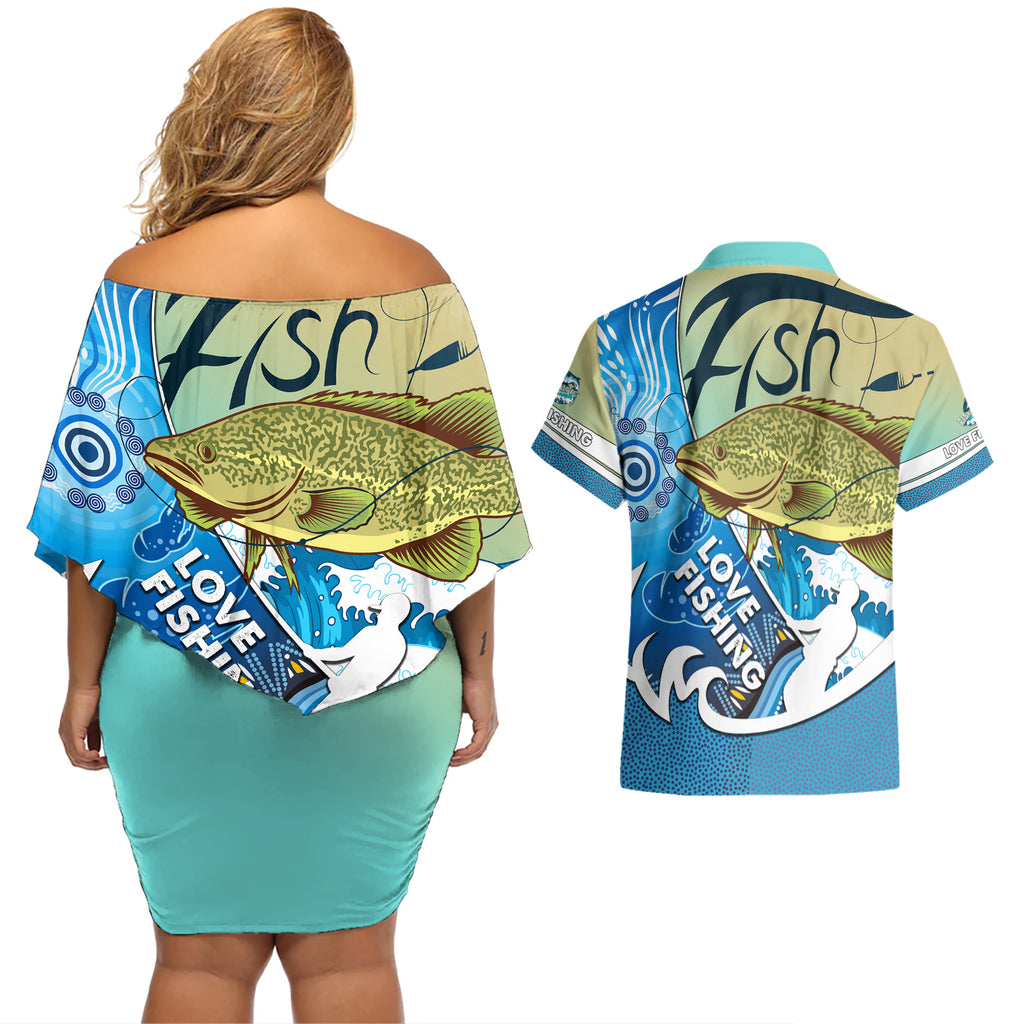australia-fishing-couples-matching-off-shoulder-short-dress-and-hawaiian-shirt-love-fishing-murray-cod-in-aboriginal-art-patterns