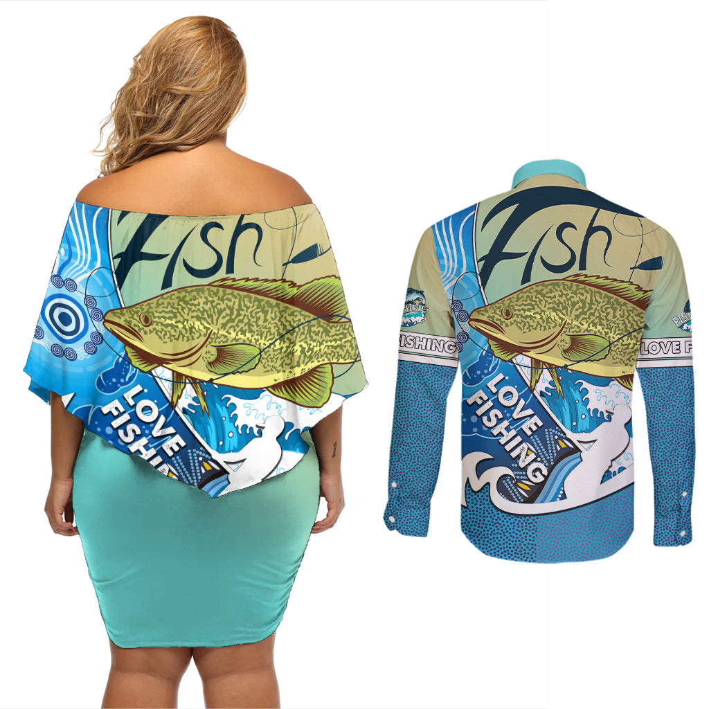 australia-fishing-couples-matching-off-shoulder-short-dress-and-long-sleeve-button-shirts-love-fishing-murray-cod-in-aboriginal-art-patterns