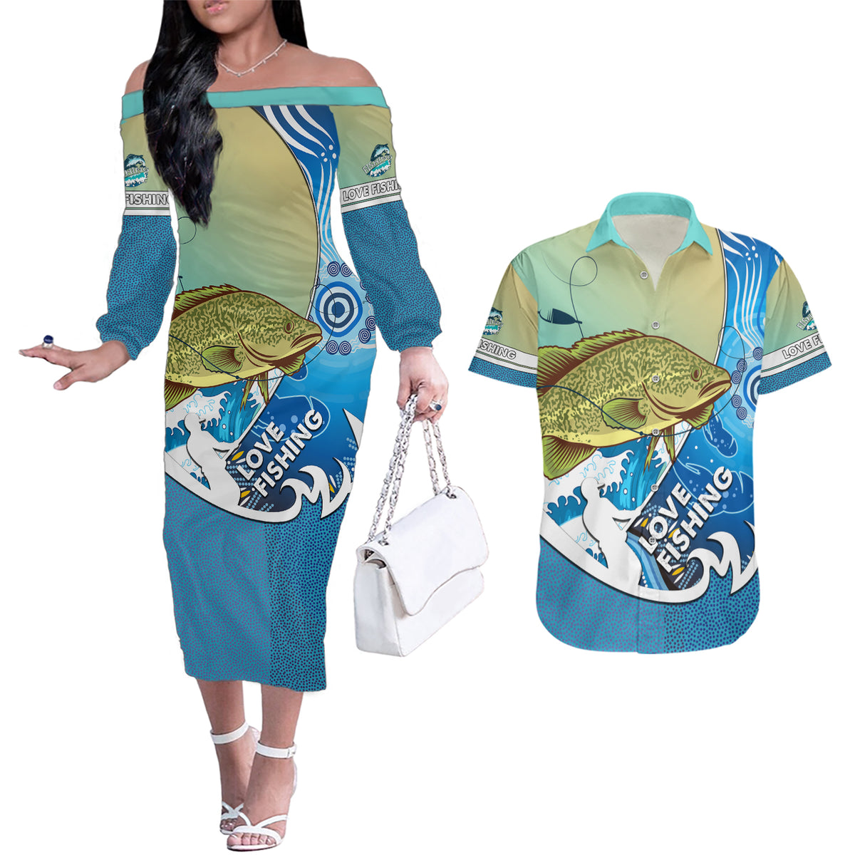 australia-fishing-couples-matching-off-the-shoulder-long-sleeve-dress-and-hawaiian-shirt-love-fishing-murray-cod-in-aboriginal-art-patterns
