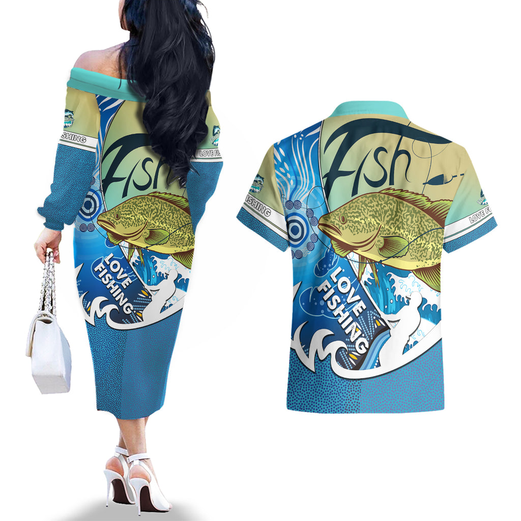 australia-fishing-couples-matching-off-the-shoulder-long-sleeve-dress-and-hawaiian-shirt-love-fishing-murray-cod-in-aboriginal-art-patterns