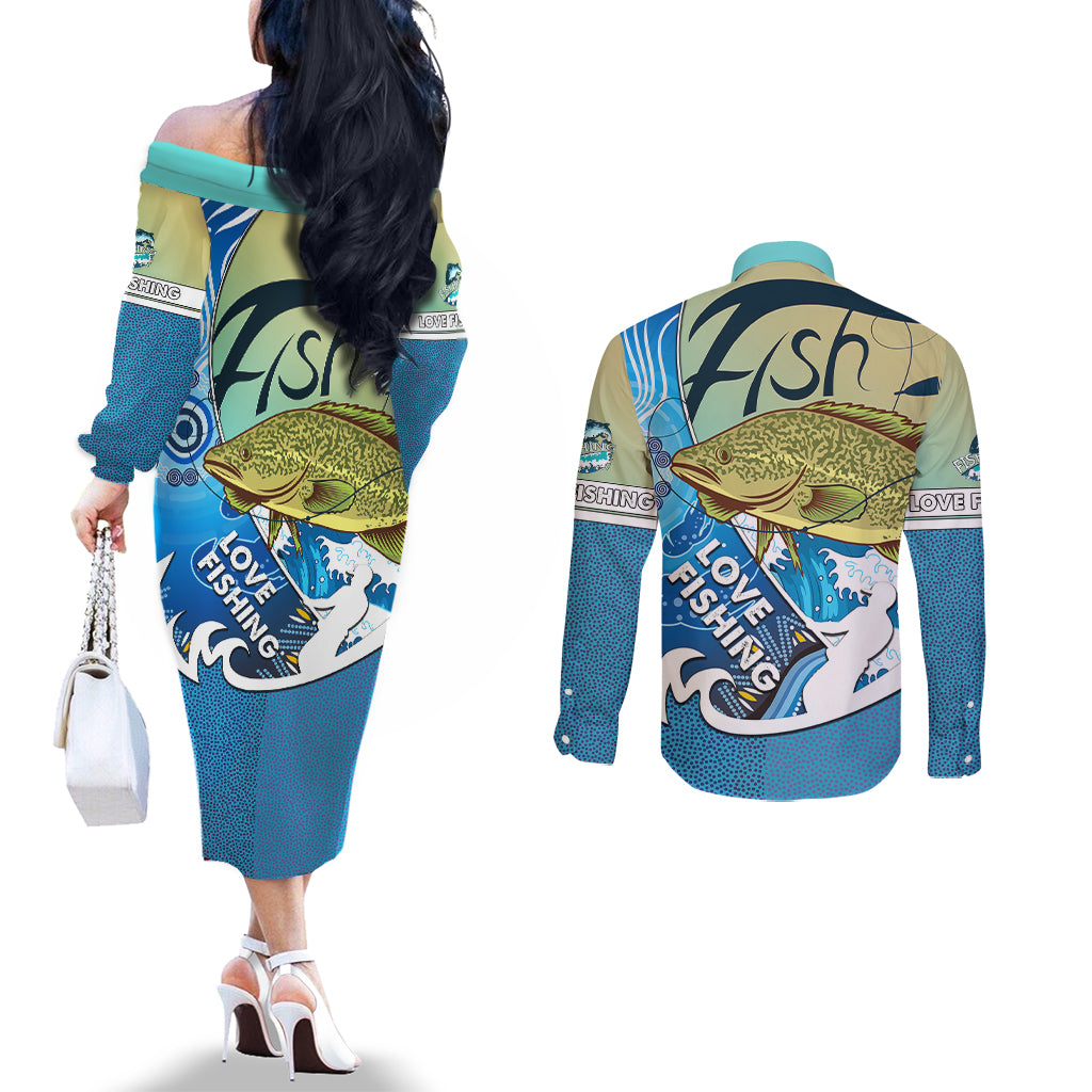 australia-fishing-couples-matching-off-the-shoulder-long-sleeve-dress-and-long-sleeve-button-shirts-love-fishing-murray-cod-in-aboriginal-art-patterns