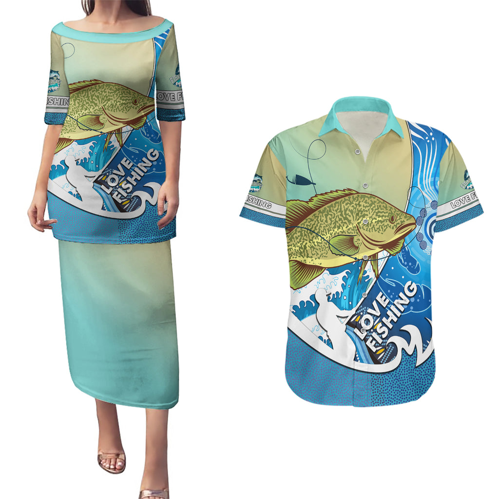 australia-fishing-couples-matching-puletasi-dress-and-hawaiian-shirt-love-fishing-murray-cod-in-aboriginal-art-patterns