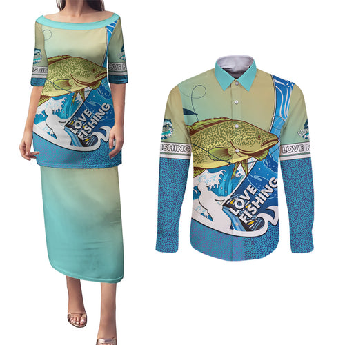 australia-fishing-couples-matching-puletasi-dress-and-long-sleeve-button-shirts-love-fishing-murray-cod-in-aboriginal-art-patterns