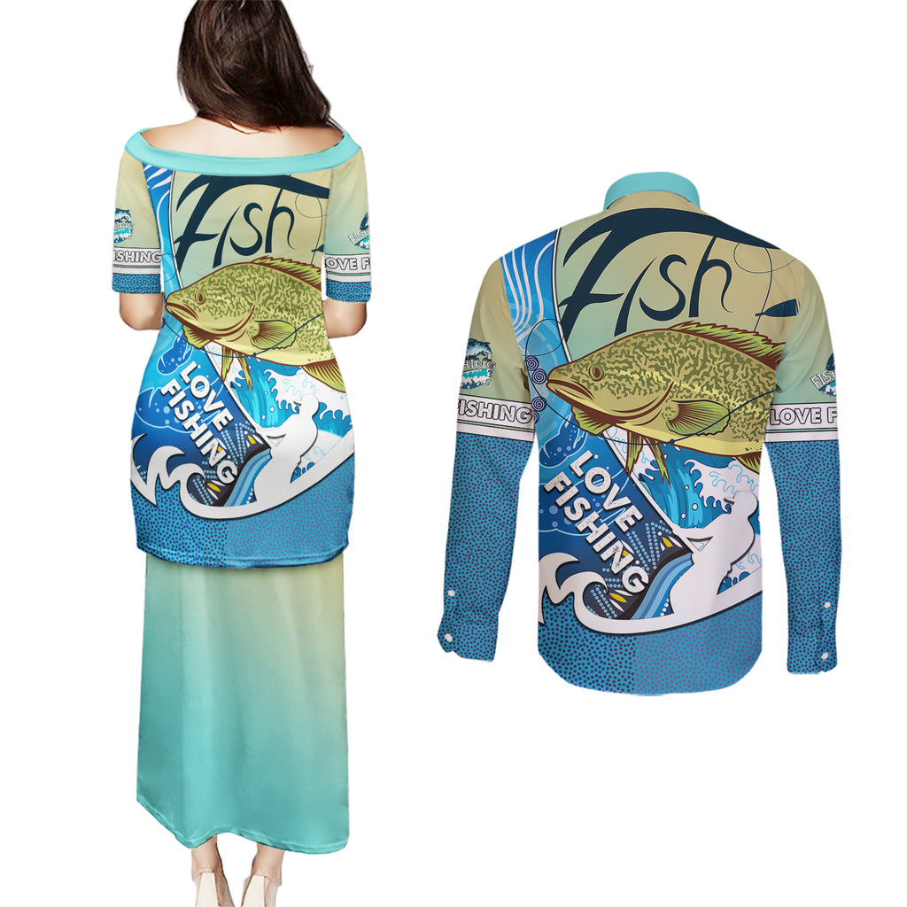 australia-fishing-couples-matching-puletasi-dress-and-long-sleeve-button-shirts-love-fishing-murray-cod-in-aboriginal-art-patterns