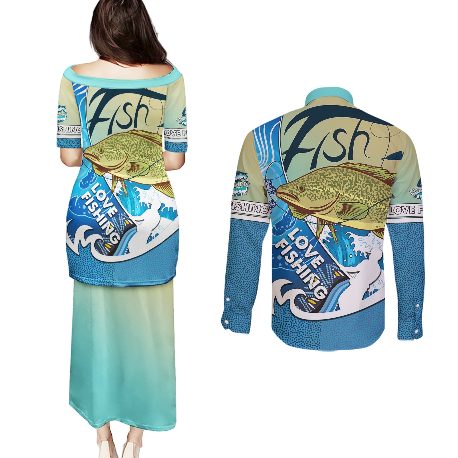 australia-fishing-couples-matching-puletasi-dress-and-long-sleeve-button-shirts-love-fishing-murray-cod-in-aboriginal-art-patterns