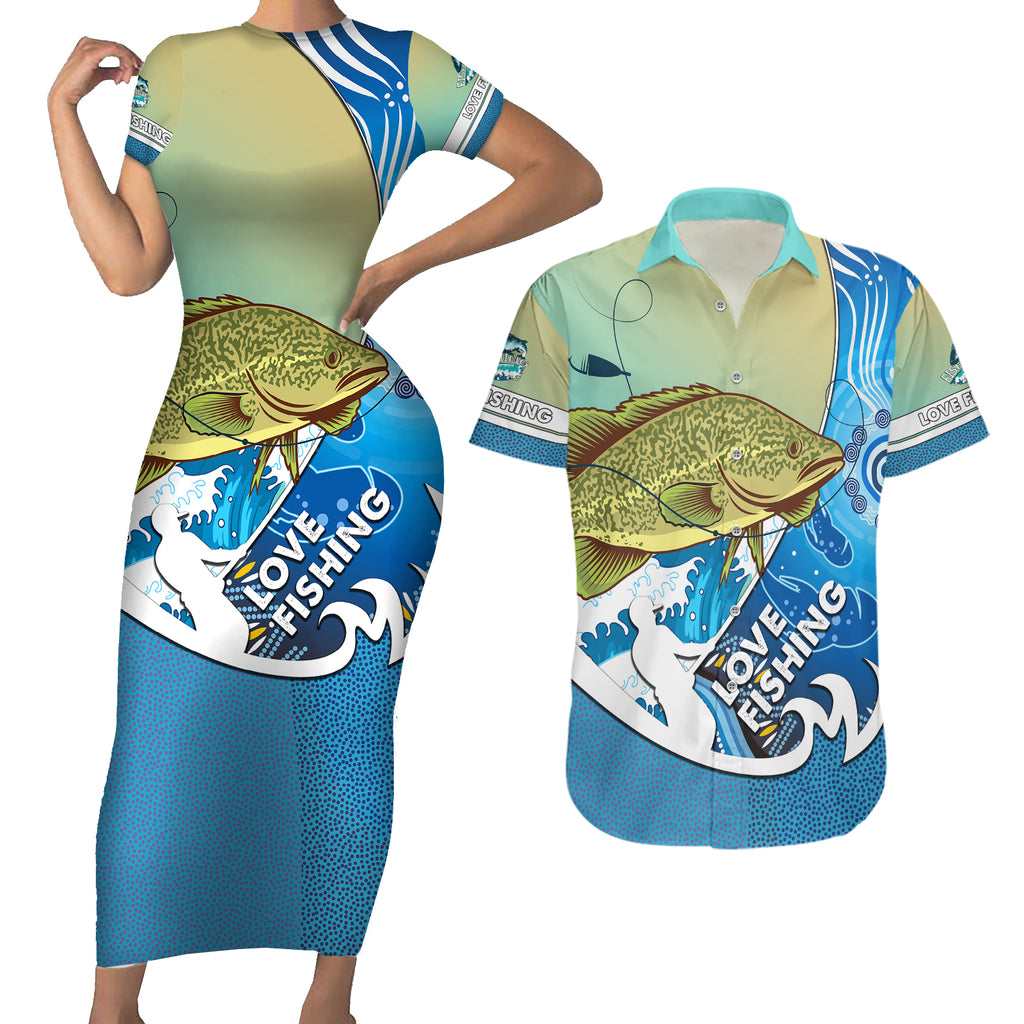 australia-fishing-couples-matching-short-sleeve-bodycon-dress-and-hawaiian-shirt-love-fishing-murray-cod-in-aboriginal-art-patterns