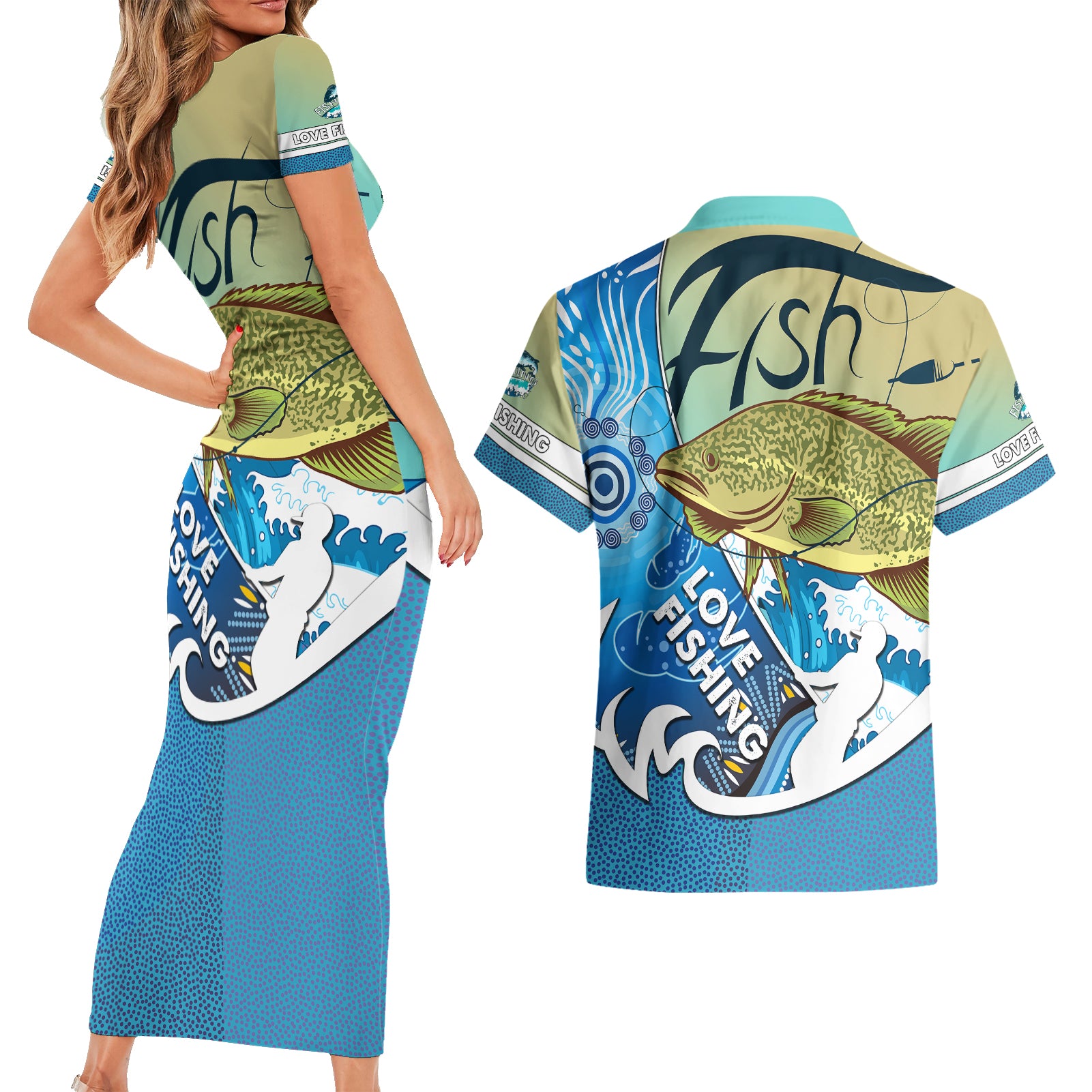 australia-fishing-couples-matching-short-sleeve-bodycon-dress-and-hawaiian-shirt-love-fishing-murray-cod-in-aboriginal-art-patterns