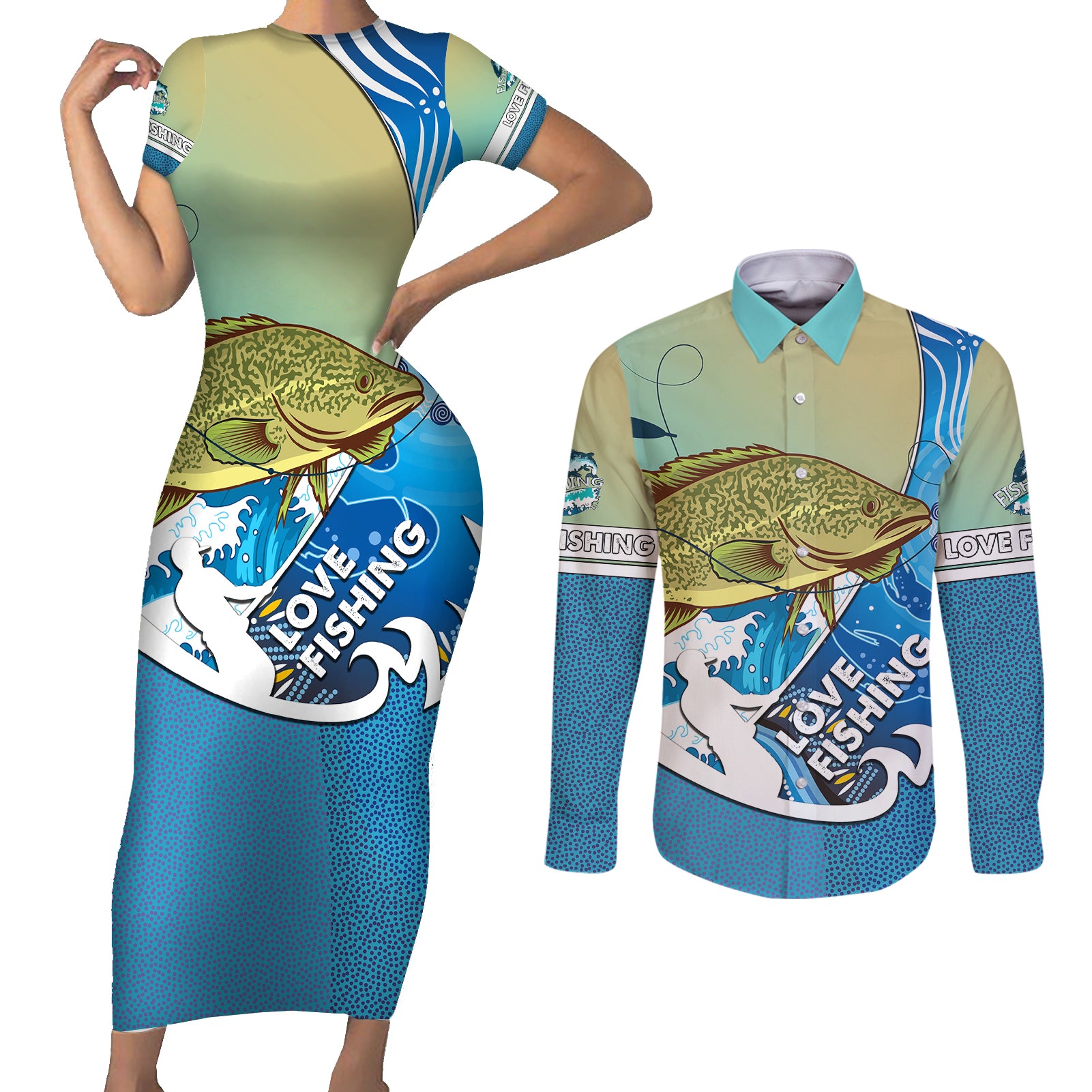 australia-fishing-couples-matching-short-sleeve-bodycon-dress-and-long-sleeve-button-shirts-love-fishing-murray-cod-in-aboriginal-art-patterns