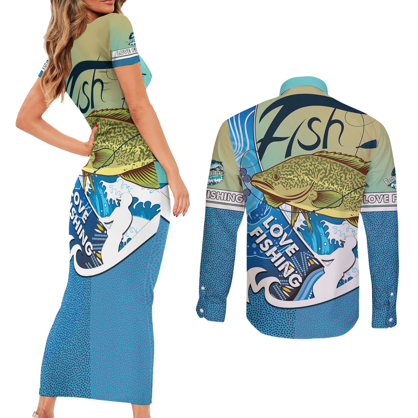 australia-fishing-couples-matching-short-sleeve-bodycon-dress-and-long-sleeve-button-shirts-love-fishing-murray-cod-in-aboriginal-art-patterns